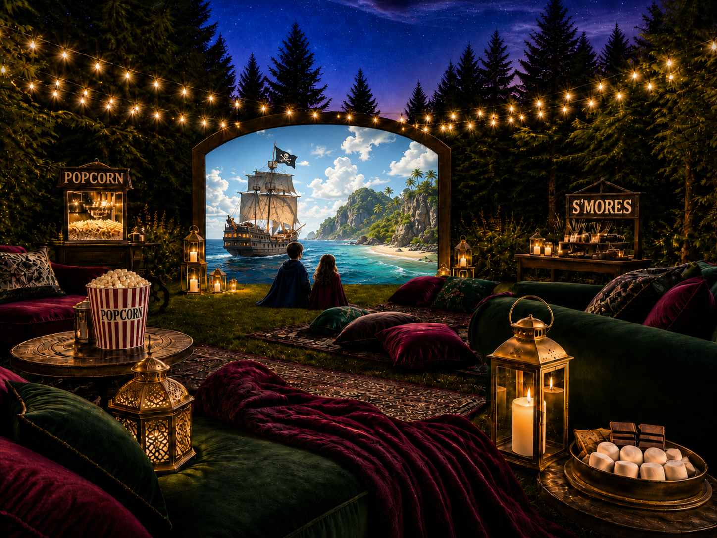 Cozy backyard movie night at dusk with a glowing screen, string lights, plush seating, and warm lanterns